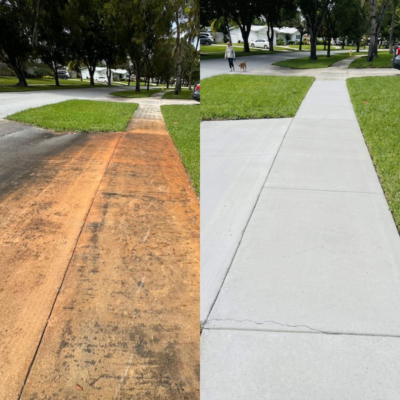 HOA sidewalk before and after pressure washing — grime and algae removed